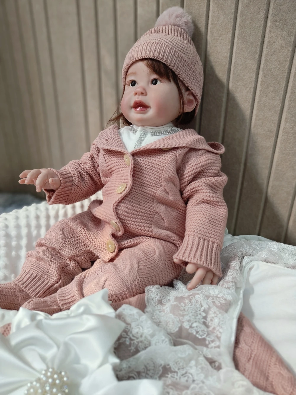 Infant Swaddle Blankets Soft Thick Fleece Knit Baby Girls Boys Stroller Wraps White Beading Boknot sash 9pcs Crochet Outfit set