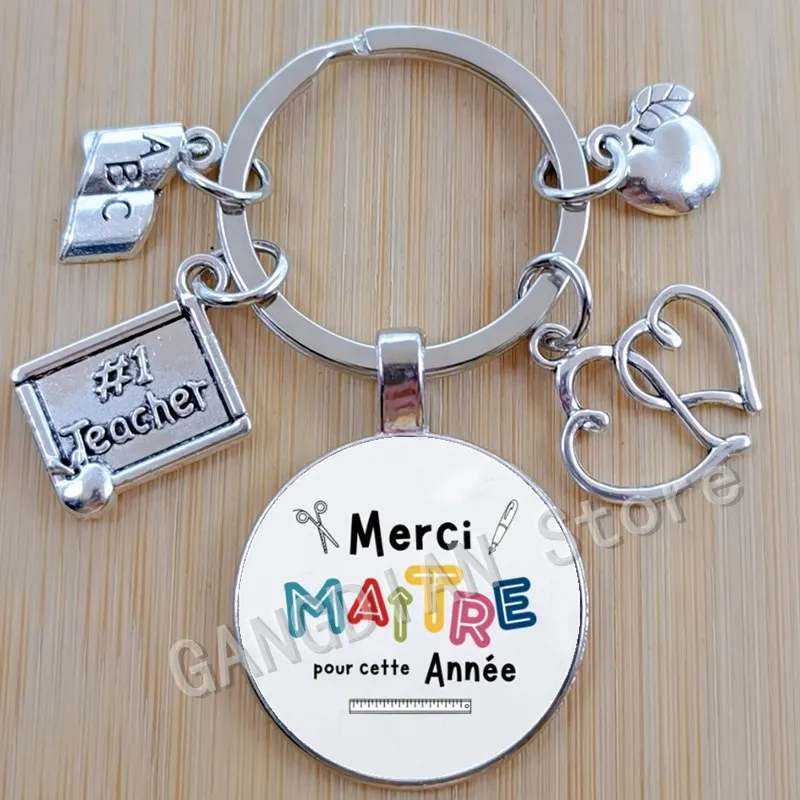 Merci Atsem/Aesh/Avs/Maitre/Maitre Thank you Teacher Text Keychain Glass Pendant Keychain DIY Automotive Teacher Keychain