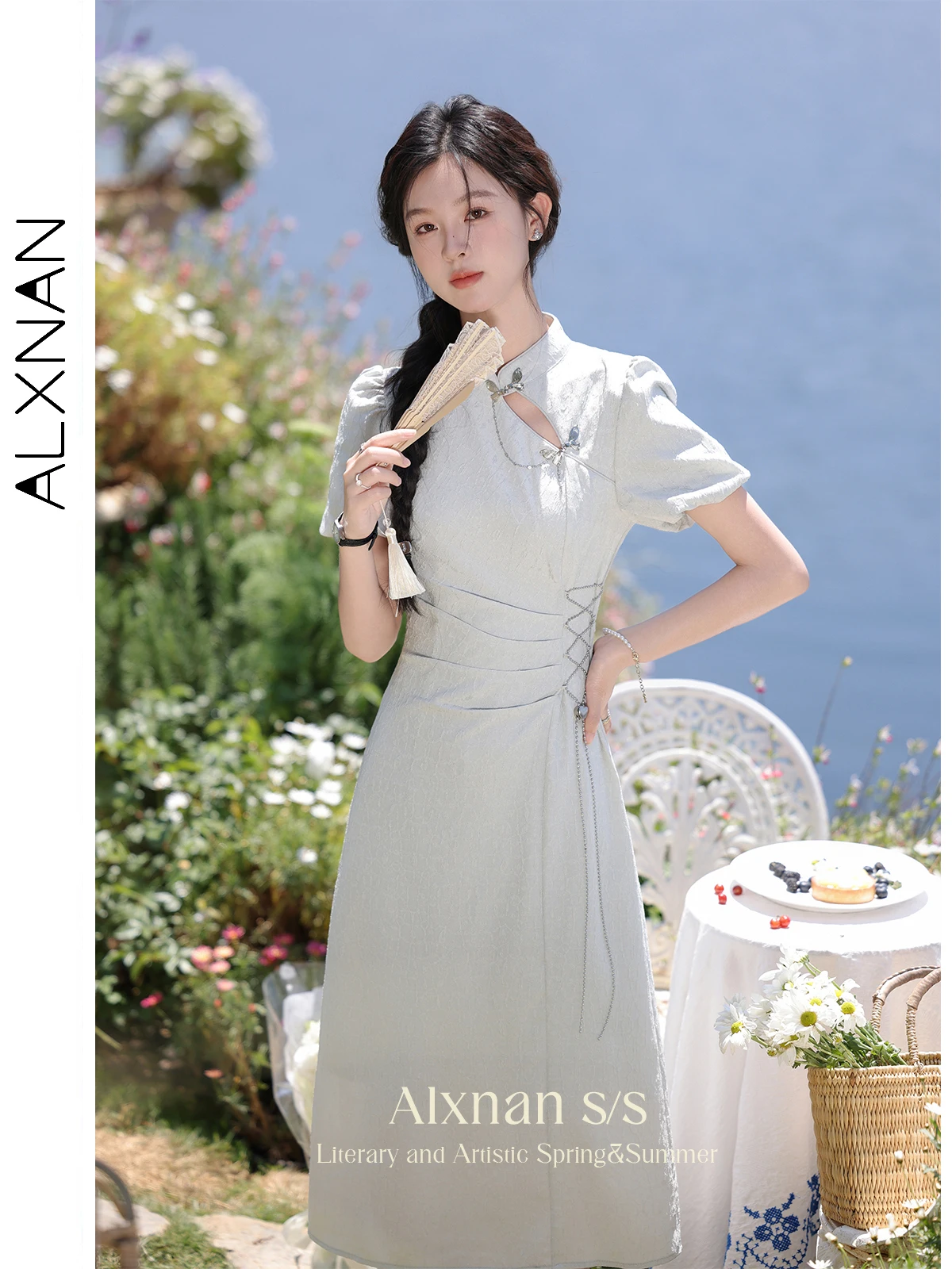 

ALXNAN Puff Short Sleeve Ruched Dress for Women 2024 Summer Hollow Out New Textured Chinese Style Woman Dresses Clothing L36705