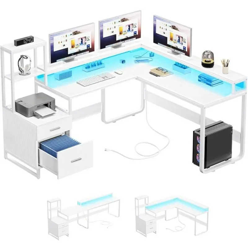 LED Strip Computer Desk Simple Writing Table Removable Multifunctional Study Workstation for Bedroom Home Rental Use