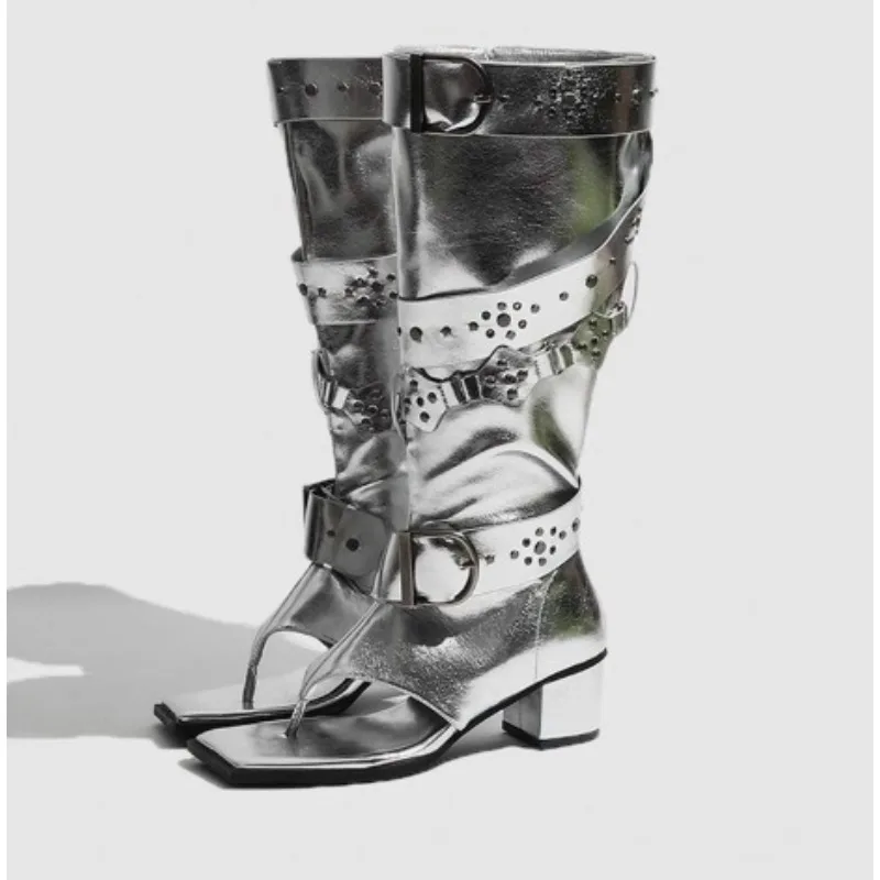 

New Retro Women Shoes Fashion Genuine Leather Summer Boots for Woman Punk Style Rivet Knee High Boots Designer Shoes Botas Mujer