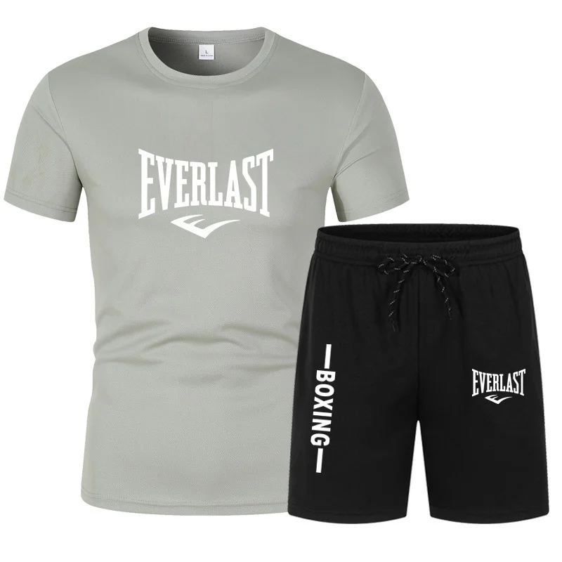 Summer T shirt Set For Men EVERLAST Print Men\'s T-shirt Short Sleeve+Shorts 2-Piece Set Oversized Casual Beach Sport Man Suit