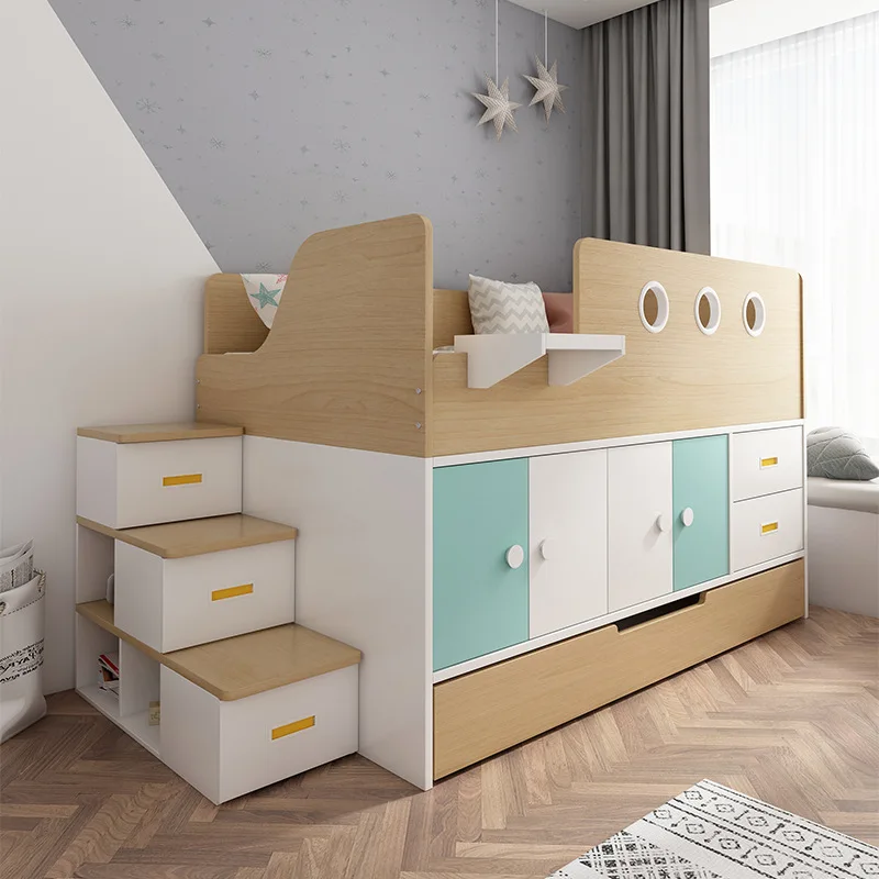 Children's Multi-functional Half-height Bed, , One Daughter, High and Low Bed, Mother and Child on And Off The Wardrobe