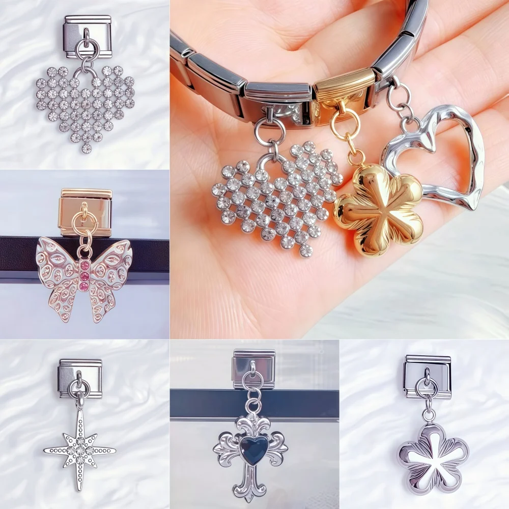 New Fashion Heart Bow Cross Hexagram Italian Link Bracelet Stainless Steel Charm 9mm Modular Jewelry Gift Making