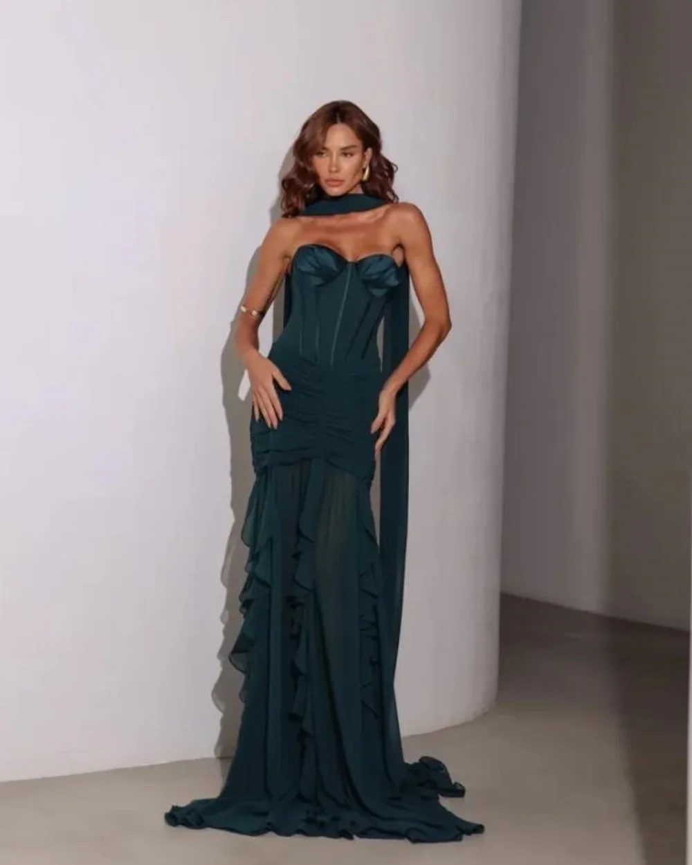 

Customized Modest Fashion Chiffon Pleat Ruched Draped A-line Strapless Shawl Evening Dresses for Woman Floor-Length