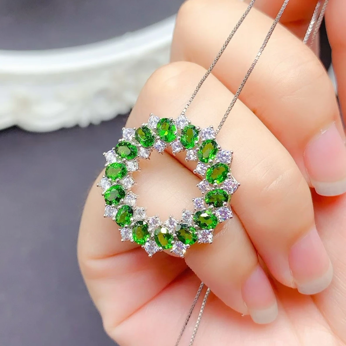 925 Sterling Silver Natural Diopside Pendant with Certificate Round Green Gemstone Halo Zircon Necklace Pendant for Women