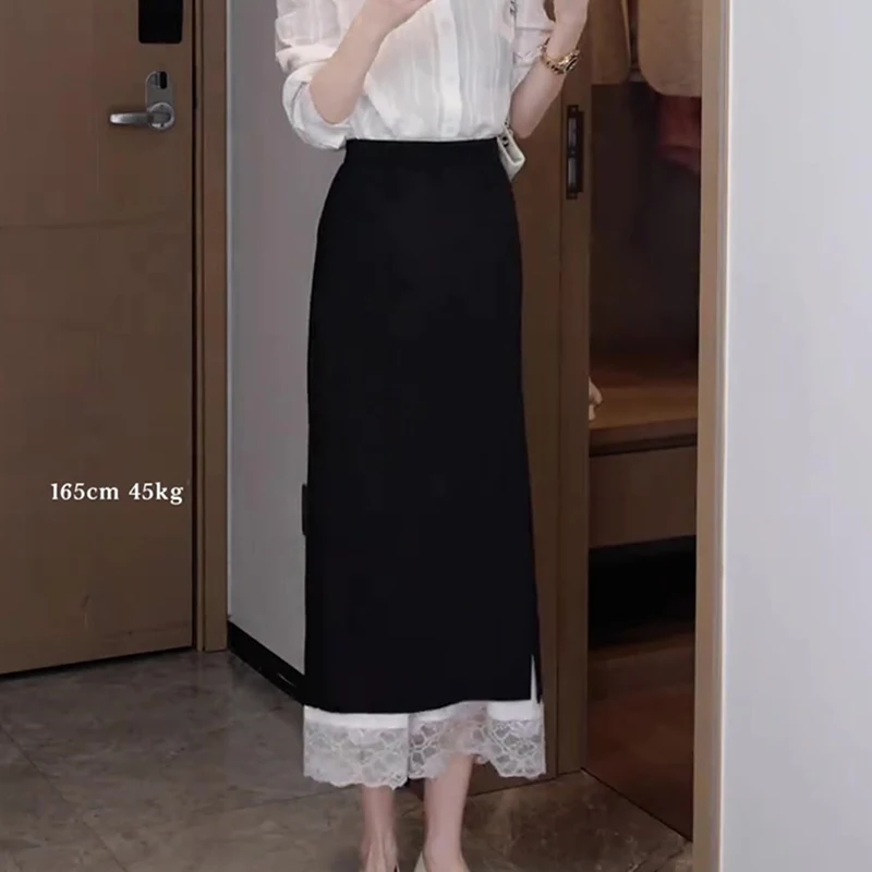 

Oajer Flagip Store Spring High Waist Chic Lace Splicing Midi Skirt Faionable Straight Cut Color Commute Sle Skirt