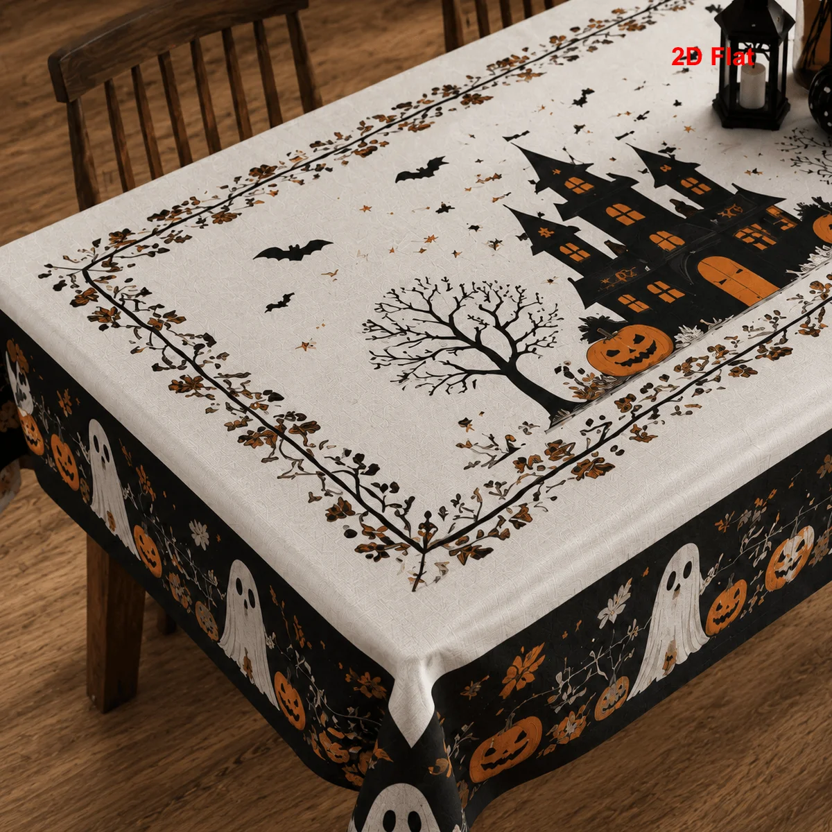 2D flat 1 piece tablecloth polyester haunted house ghost pumpkin print suitable for rectangular table autumn halloween