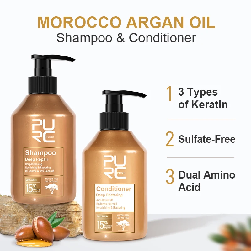 

PURC Keratin Sulfate-Free Shampoo Conditioner Set Morocco Argan Oil Smoothing Amino Acid Repair Damaged Hair Treatment Hair Care