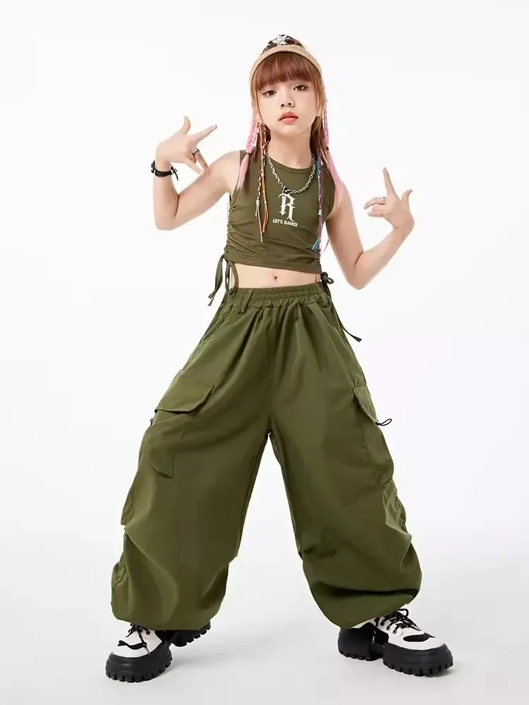 Street Dance Hiphop Performance Outfits Rave Jazz Dance Costume Girls Hip Hop Clothing Crop Tops Loose Cargo Pants Kids