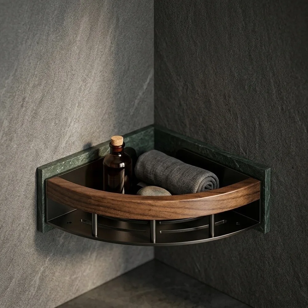 Black Walnut Wood Top Stainless Steel Corner Rack for Bathroom Essentials No Drilling Installation 33x23.6x8cm