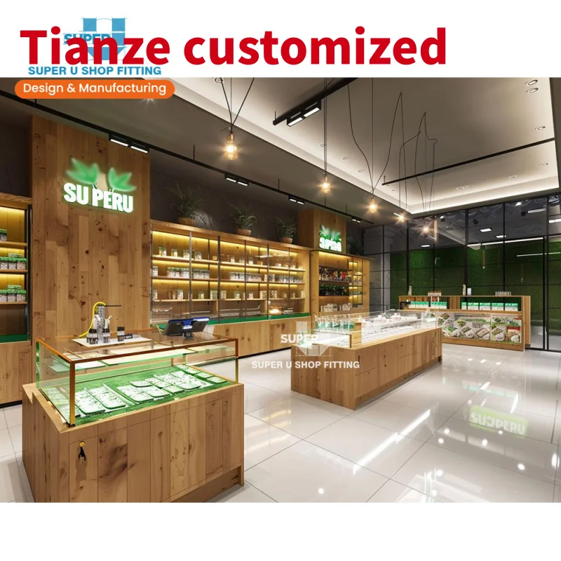 (customized)Custom Wooden Dispensary Display Cabinet Glass Cigar Shop Supplies Design Showroom Wape Display Smoke Counte