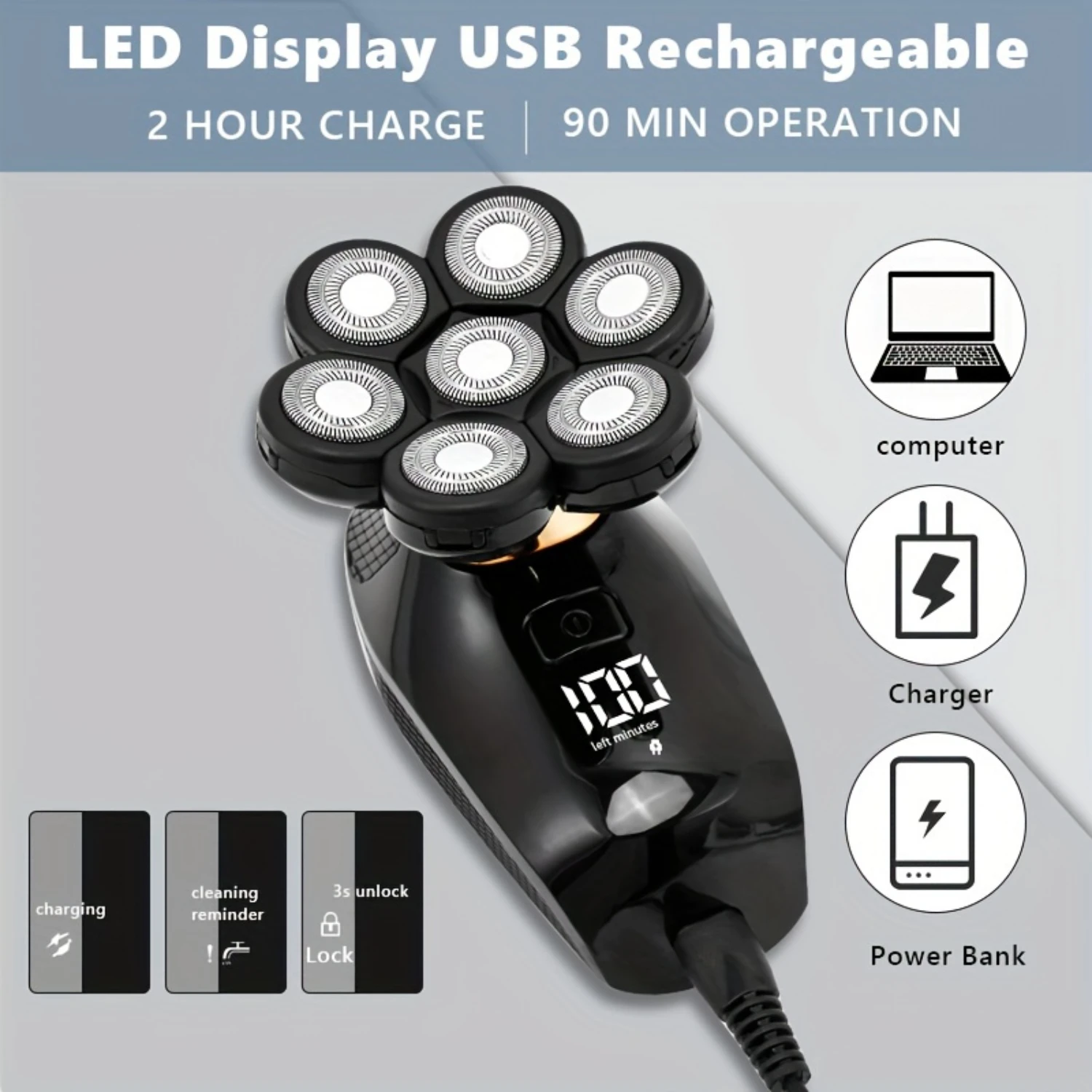 5-In-1 Men's Rechargeable Shaver Trimmer Clipper - Rotary Bald Head Portable Face Beard Hair