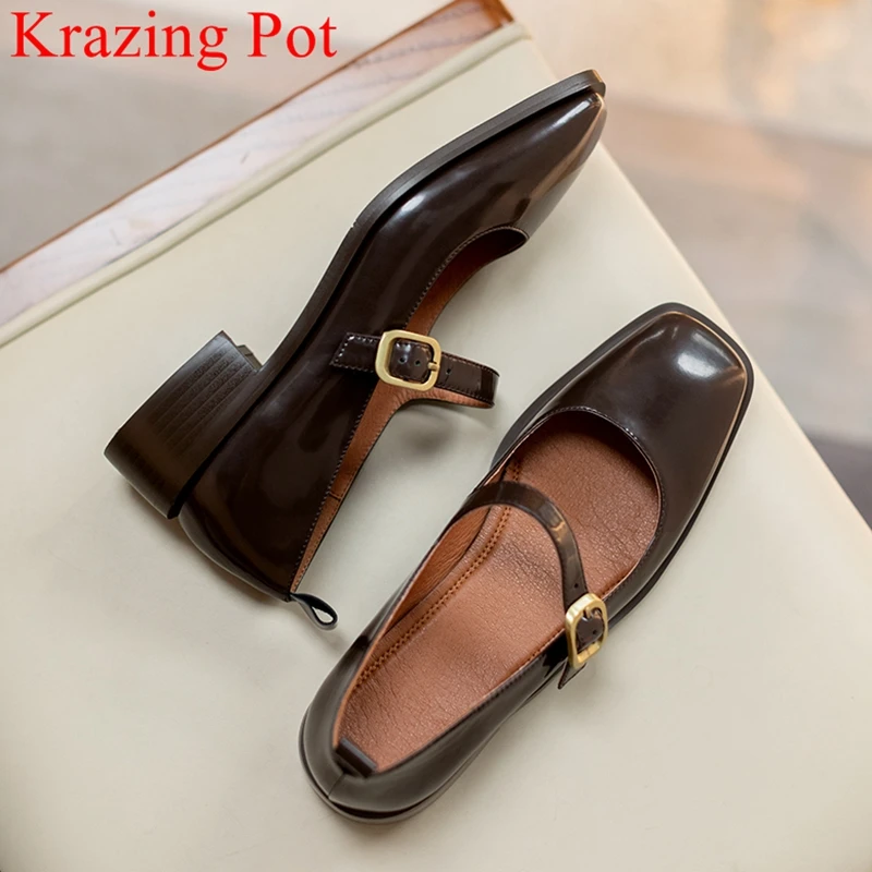 

Krazing Pot 2024 Genuine Leather Square Toe Chunky Med Heel Mary Janes Spring Shoes Mature Dating Buckle Strap Brand Women Pumps