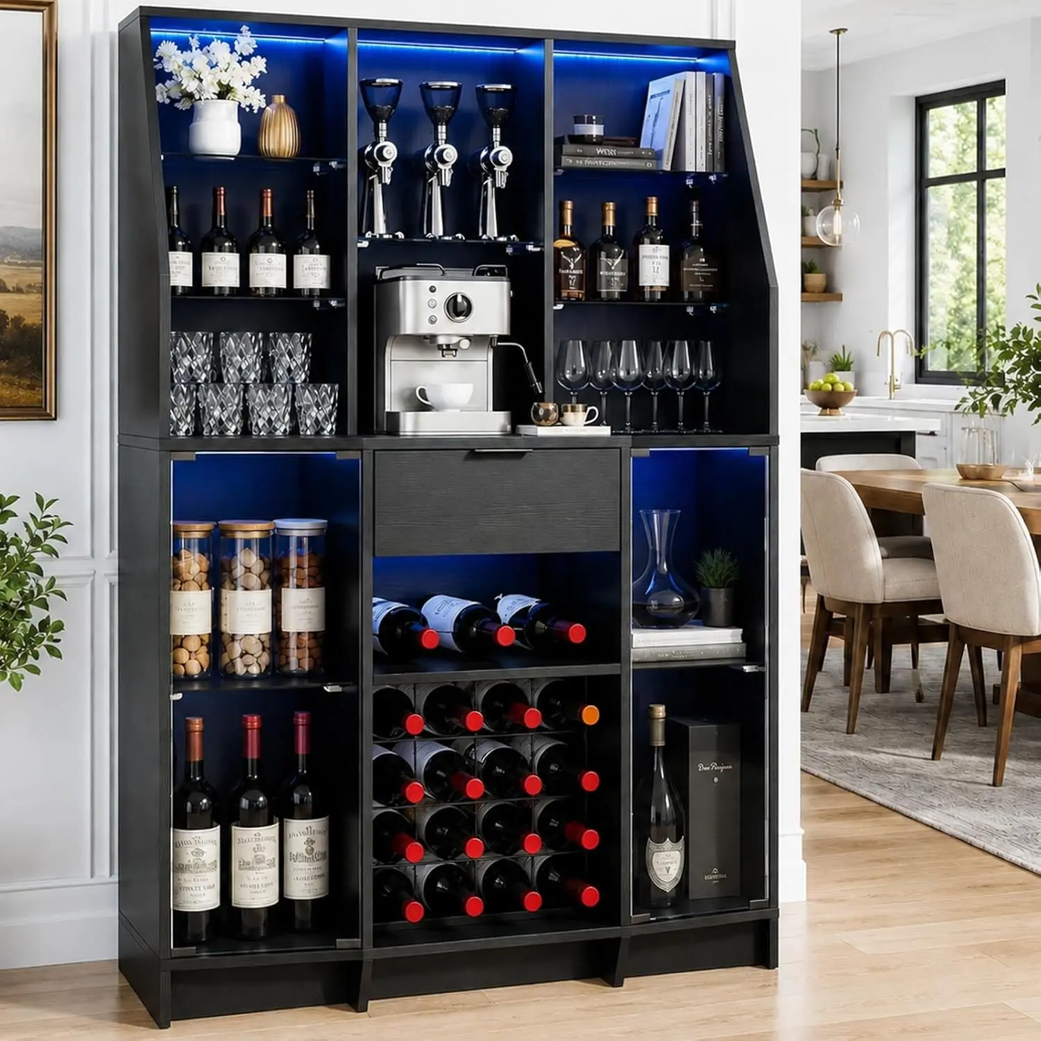 

59.05" Wine Bar Cabinet W/ LED Lights & Tempered Glass Door, Home Bar Liquor Storage Cabinet With 16 Grid Wine Glass Rack & Adju