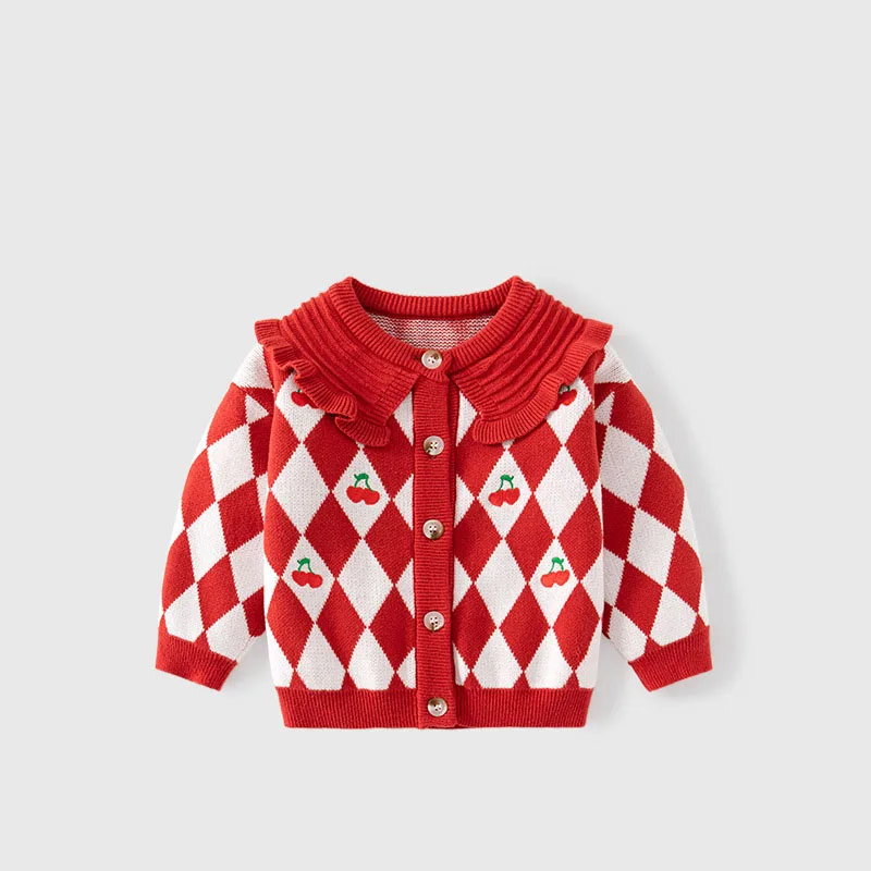 

Жилетка для девочек, весна-осень, Ромб, клетчатый кружевной воротник, вишневый хлопок, Детский свитер для девочек, Стильная хлопковая трикотажная одежда для маленьких девочек