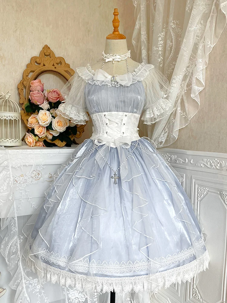 

Princess Wedding Tea Party Lolita Op Elegant Sweet Girl Dress Lace Bubble Short Sleeve Op Light Blue Spring Autumn