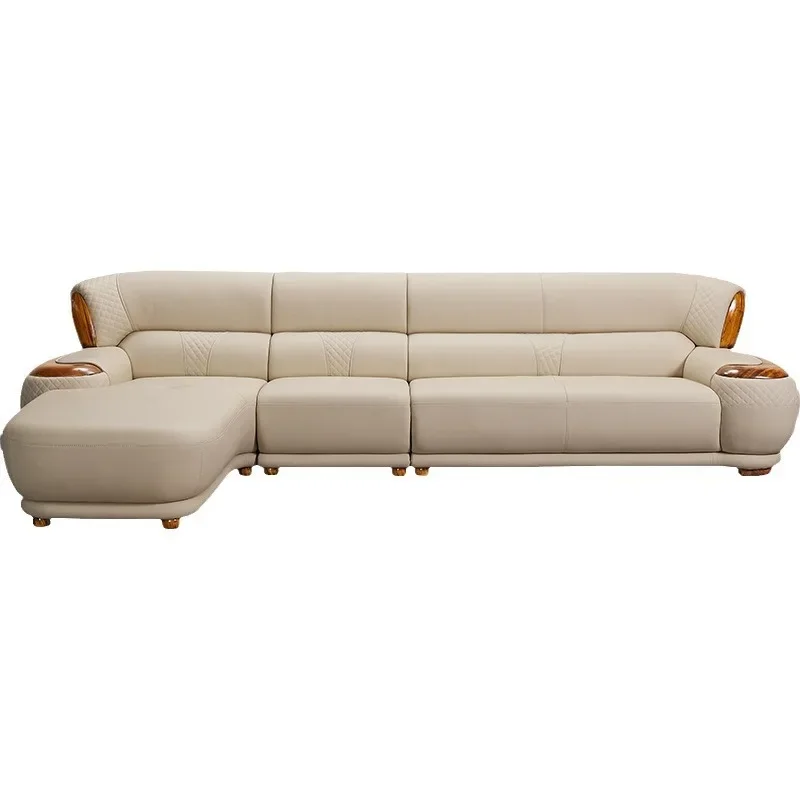 New Chinese ebony leather sofa high-end villa living room leather art home simple solid wood cowhide corner combination