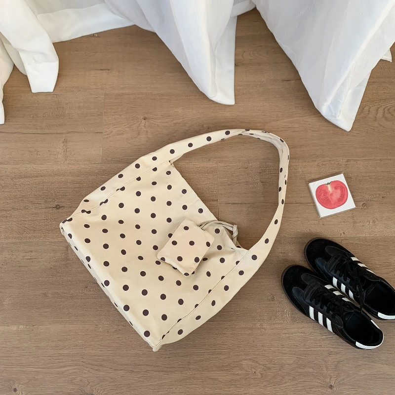 

Модная холщовая сумка-тоут с точечным принтом, женская повседневная и простая сумка через плечо в корейском стиле, вместительная сумка для поездок на работу