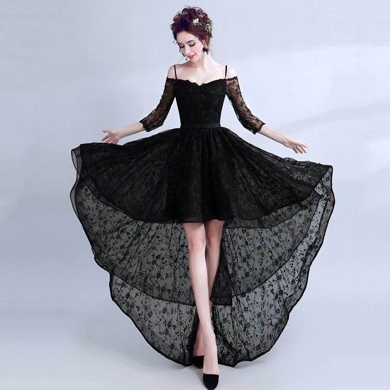 فساتين سهرة بسيطة مخصصة عالية ومنخفضة باللون الأسود نصف كم من الدانتيل للحفلات الراقصة للنساء بدون ظهر فستان رسمي رداء السهرة