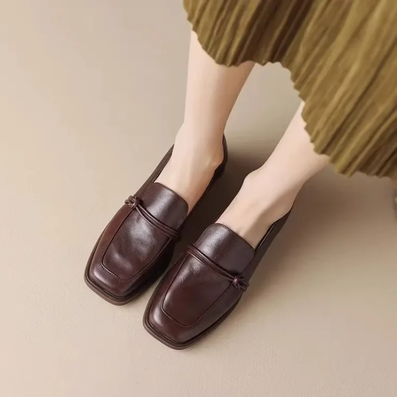 Phoentin Classic Loafers Women Genuine Cow Leather Square Toe Pumps Slip-on Retro Lady Casual Cozy Shoes Handmade