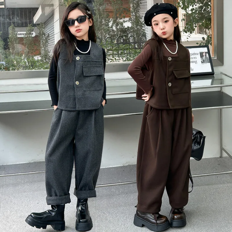 

Spring Fall New Girl's Clothing Fashion Woolen Vest and Long Sleeve Bottoming shirt + Trousers Three Pieces Outfits Children Set