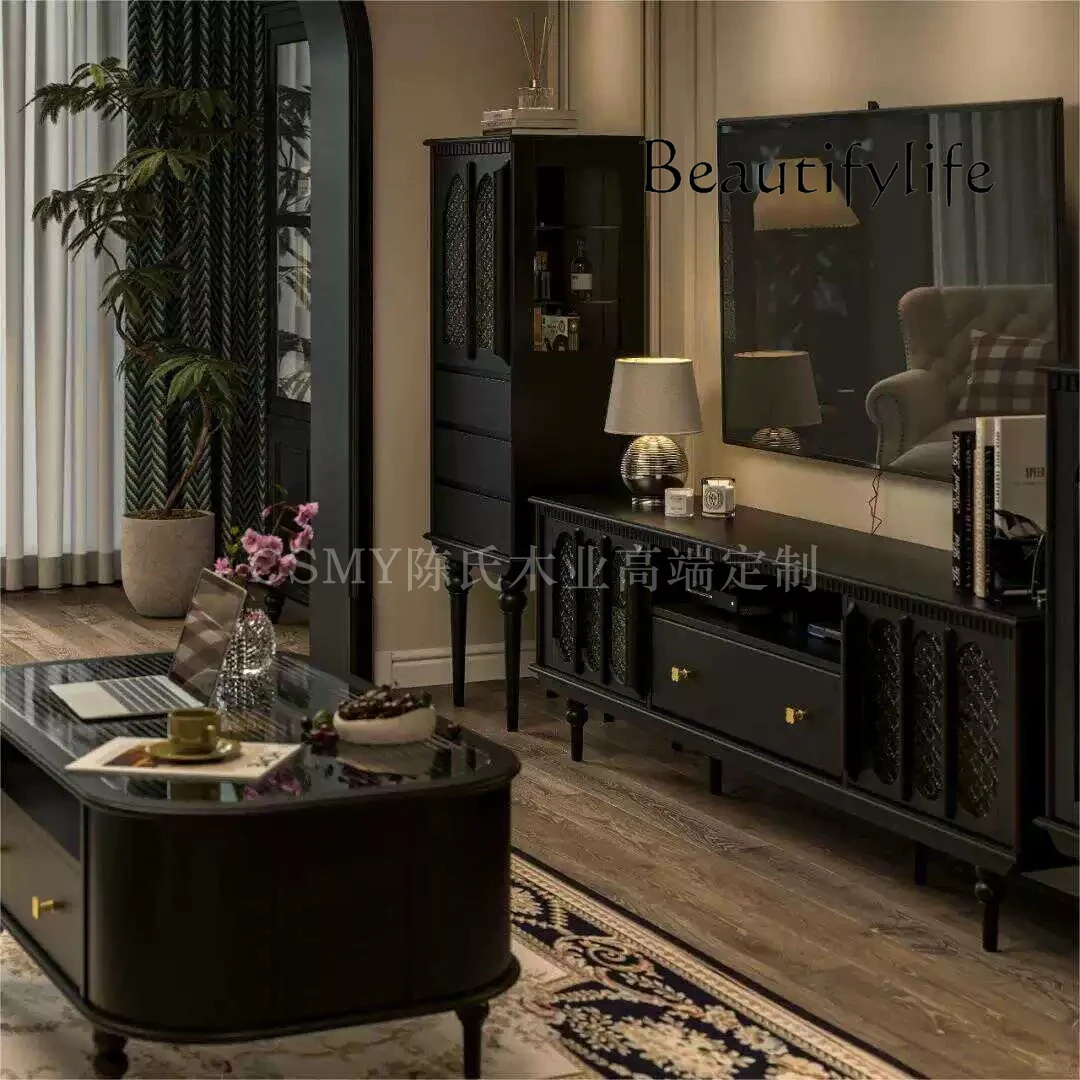 Light luxury French retro solid wood TV cabinet American black living room medieval floor cabinet simple storage