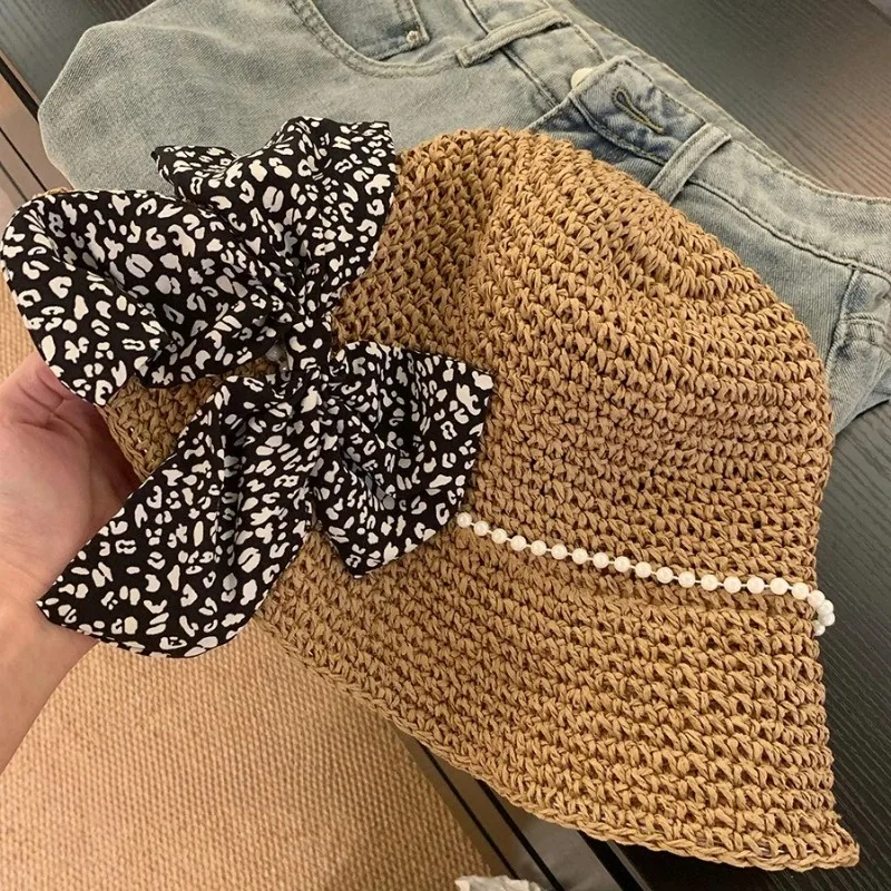 الصيف شاطئ القوس اللؤلؤ القش قبعة المرأة قناع قبعة بحافة صياد قبعة اليد النسيج بنما فتاة السفر شاطئ البحر الحماية من الشمس #6