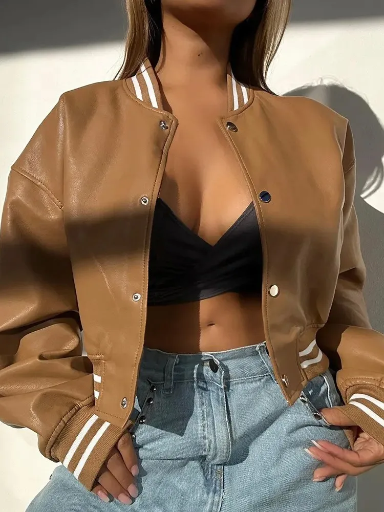 

New Women Striped Baseball Single Breasted PU Leather Jacket Coat Autumn Winter Long Sleeve Motorcycle Jacket Street Trend Coat