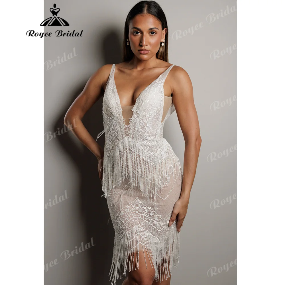 2027 Floral Sequin Lace Mini Wedding Dress Deep V Sheer Bodice Swing Fringe Low V Back Short Bridal Gown Customized