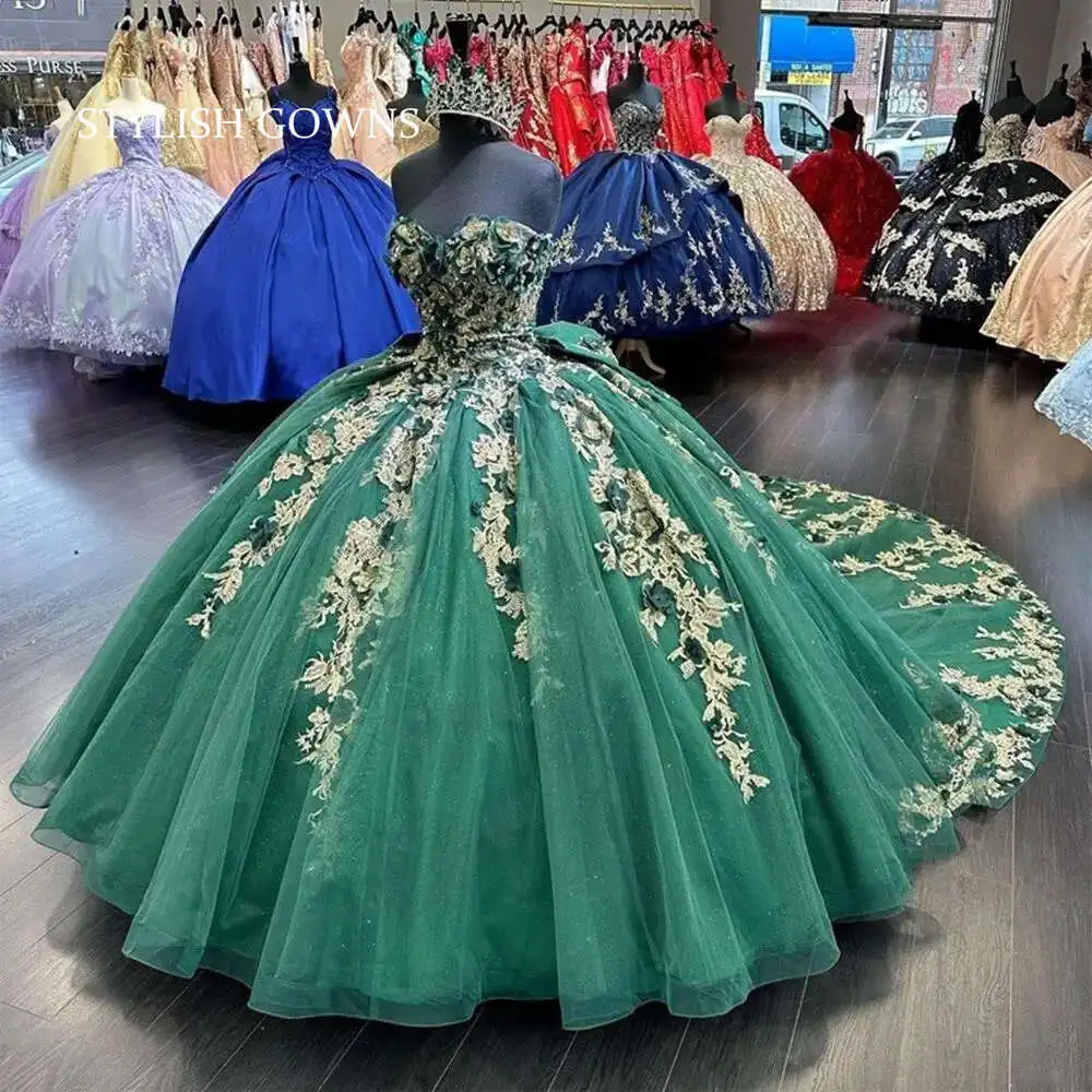 

Мексиканское зеленое милое платье Quinceanera, расшитое бисером, бальное платье принцессы 3D Wer для Sweet 16, аппликация, платья для дня рождения, выпускного вечера