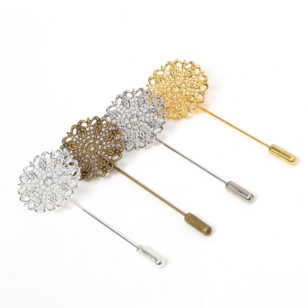 5pcs 25mm Copper Filigree Flower Long Brooch Pin For Handmade Diy Women Lapel Pin Jewelry Brooches Accessories Jewelry Findings