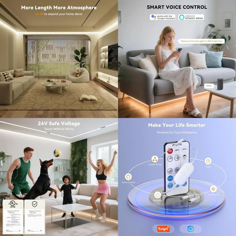

Светодиодная лента 65.6W, 20м, совместимая с Alexa/Assistant, 9600 светодиодов, 4000K естественный белый свет, CRI93+, диммируемая, 24В, для дома и офиса, DIY