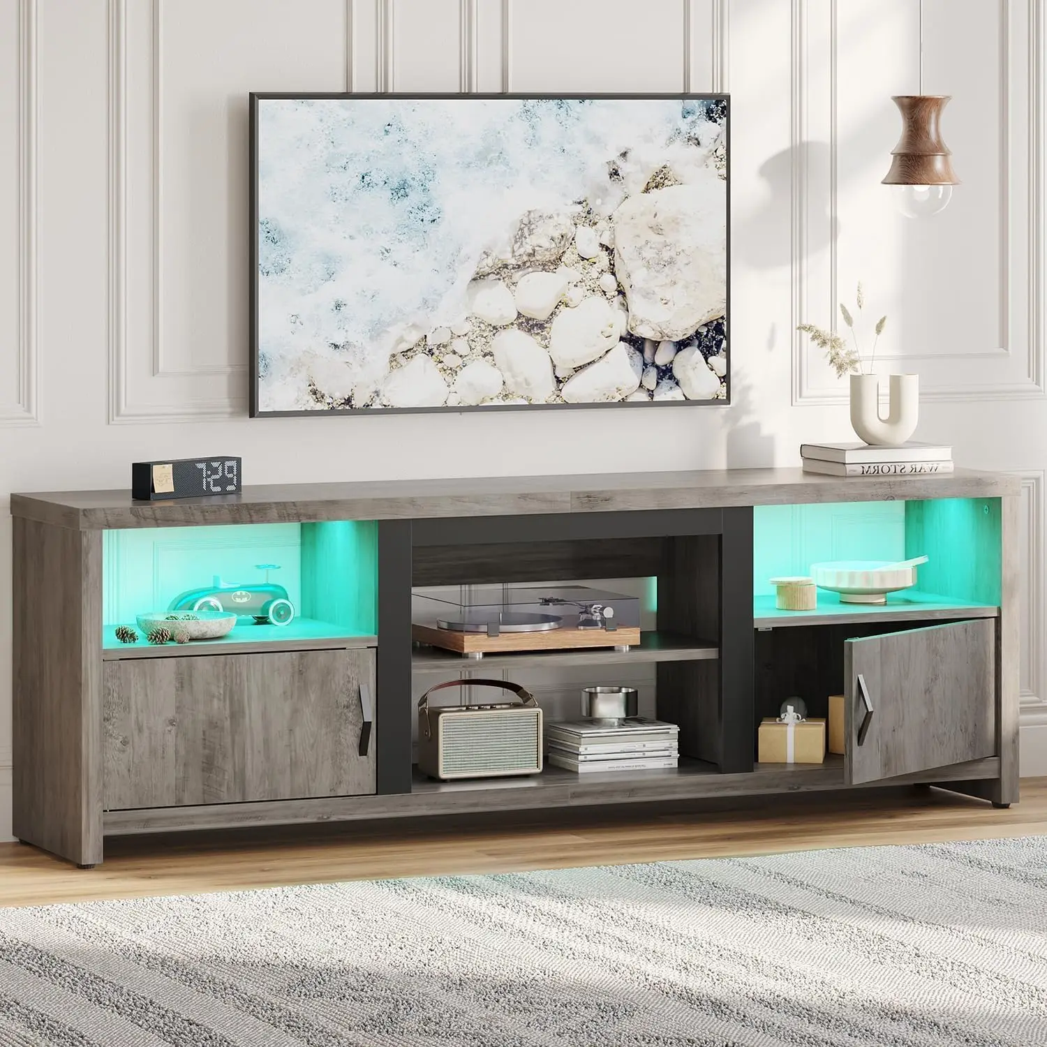 

Bestier TV Stand with LED Light for TVs up to 80 Inch, Farmhouse Entertainment Center with Adujstable Shelf and Storage