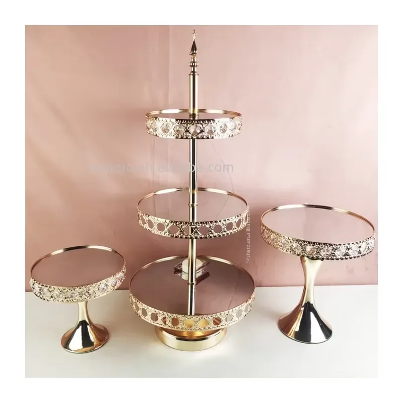 Vintage Gold Three Tier Cake Stand Set Hollow Crystal Mirror Design Elegant Wedding Party Dessert Display Rack Buffet Table