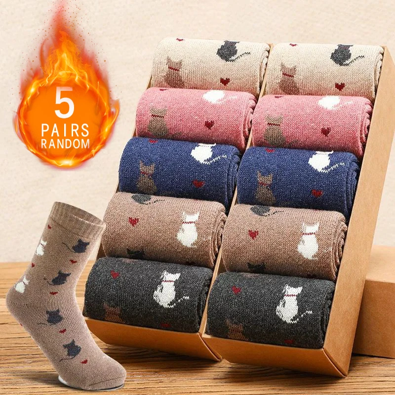 5 Pairs Autumn/Winter Women's Cute Cartoon Cat Pattern Printed Versatile Soft and Comfortable Mid Tube Woolen Loop Socks
