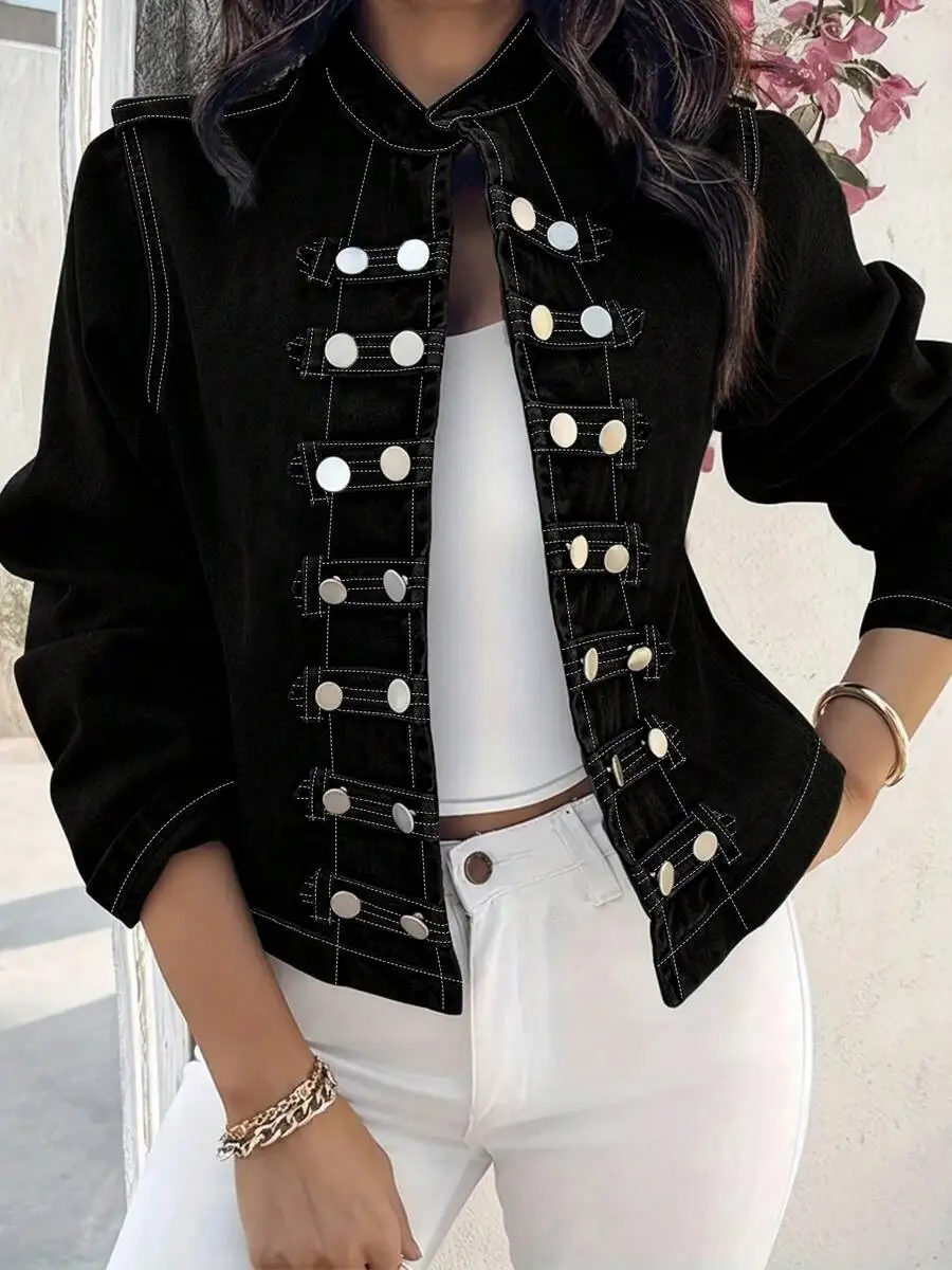

Womens Black Denim Jacket With Stand-Up Collar Double Row Buttons Slim Fit Retro Casual Style