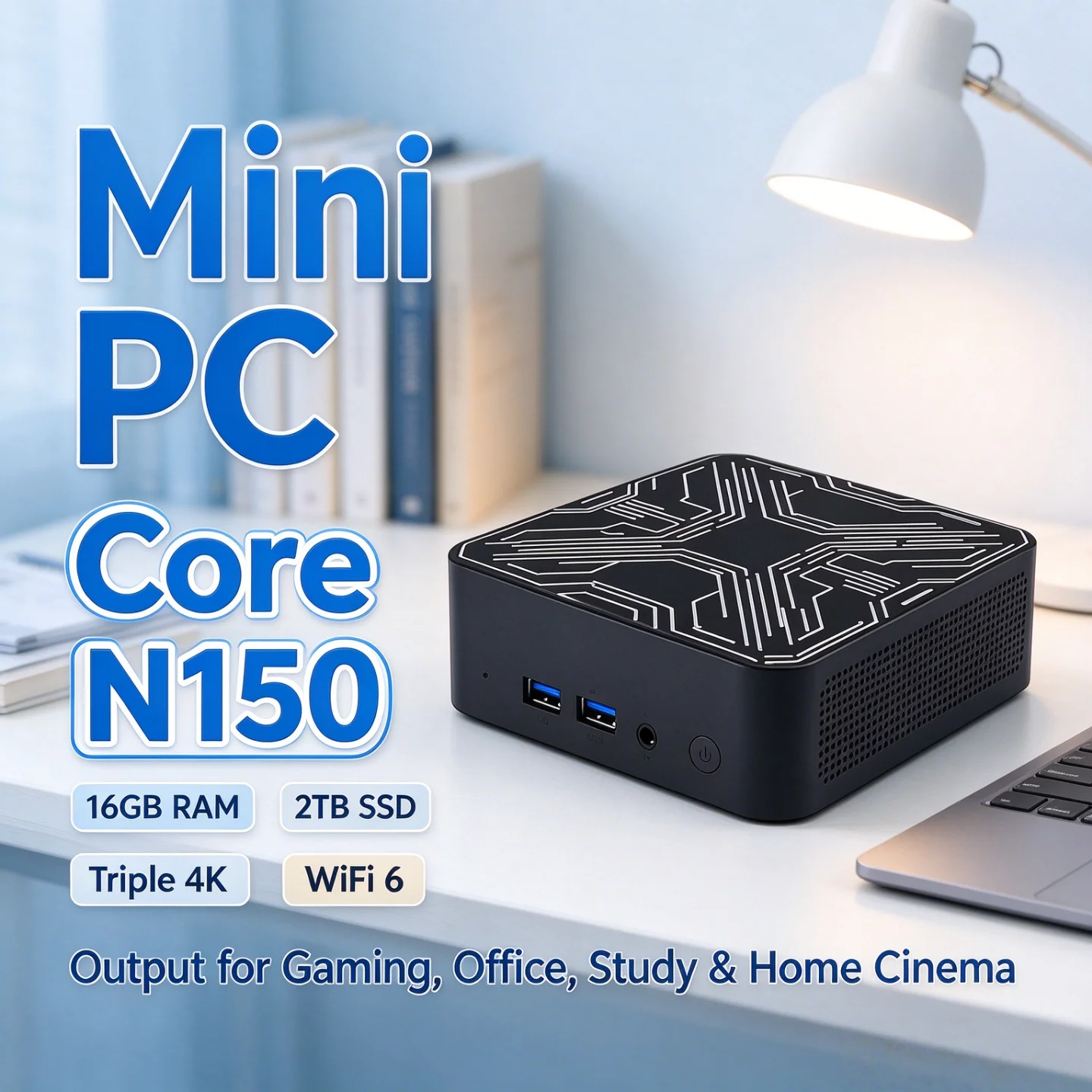 wifi6対応、ポータブルミニpc、intel-core-n150プロセッサー搭載、2026年モデル、16gbメモリ、m2-nvme-ssd、トリプル4k対応、静音冷却、高効率、オフィスや家庭での使用に最適なデスクトップpc。