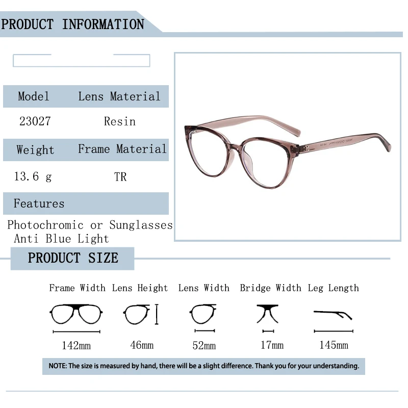 Neue künstlerische Marke Design Frauen Cat Eye TR Rahmen Anti Blau Licht Rezept Benutzerdefinierte Myopie Gläser Schatten Photochrome 0 bis 600 – Detail 5