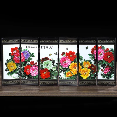 

Chinese woodcarving screen, lacquer peony flower calligraphy and painting, decorative crafts