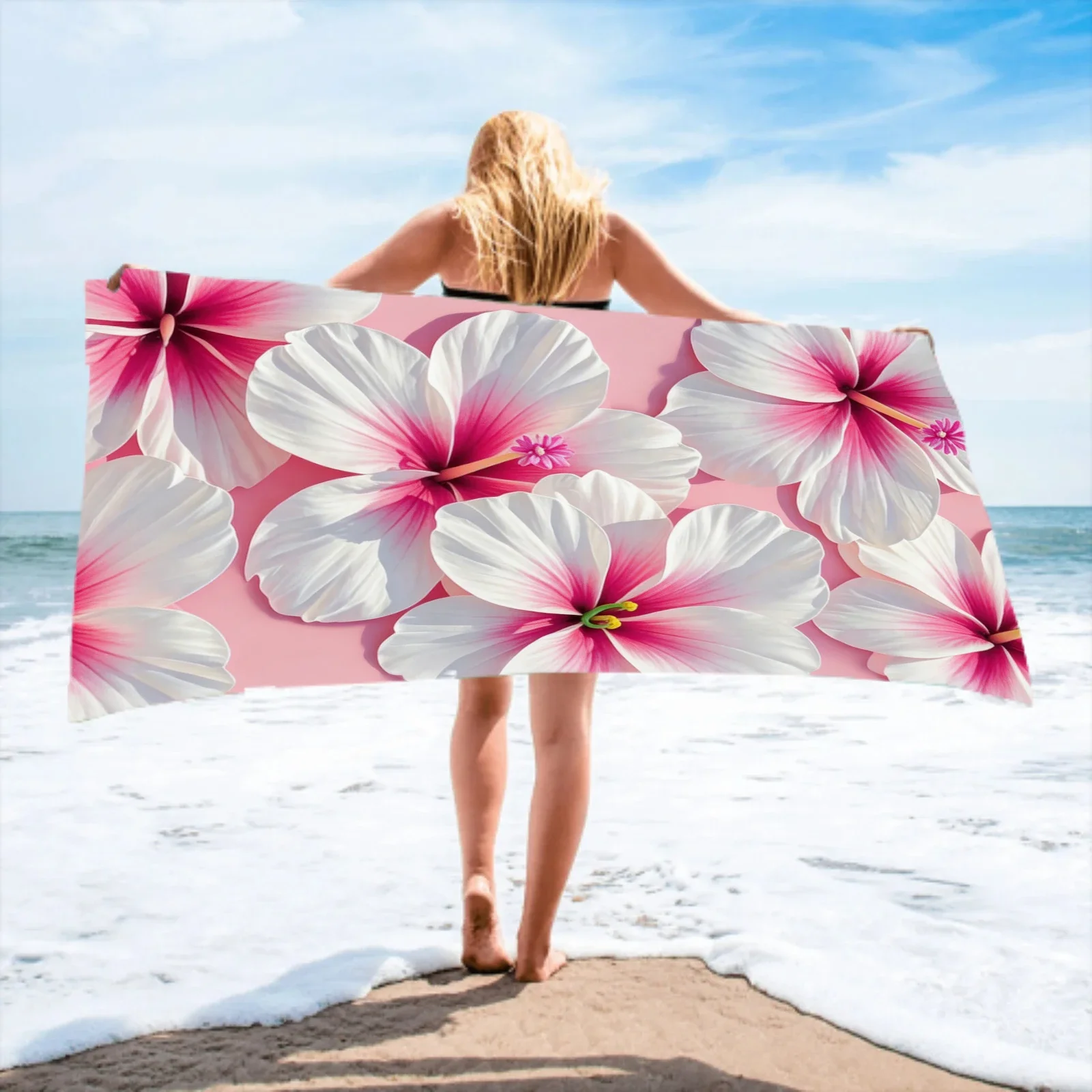 

Tropical Floral Hydrangea Beach Towel, Oversized Soft Microfiber Quick Drying Sand Resistant Absorbent Table Towel