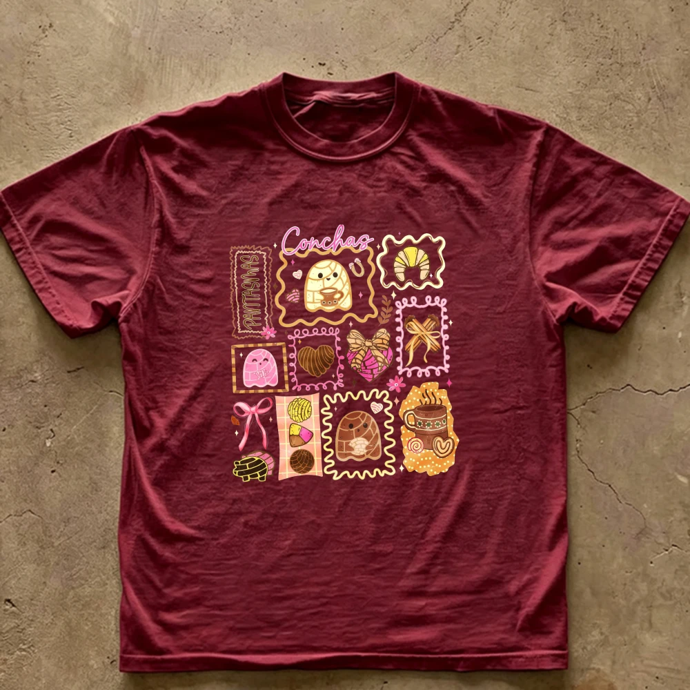Conchas Mexican Sweet Bread Ghost Collage T‑Shirt Cute Pan Dulce Bow Stamp Patchwork Print Funny Hispanic Cotton Tee Casual Tops