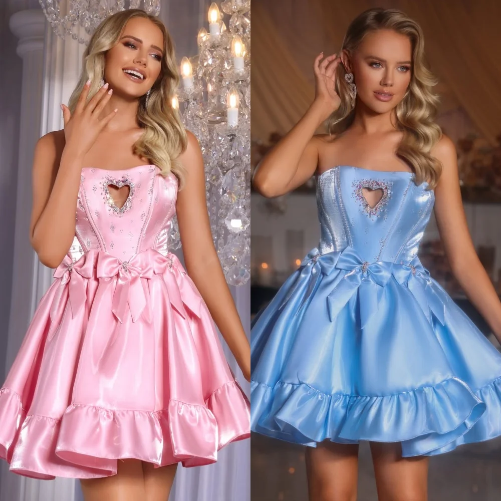 

Элегантные модные мини-платья трапециевидной формы без бретелек с бантом и стразами по индивидуальному заказу, одинаковые платья в современном стиле