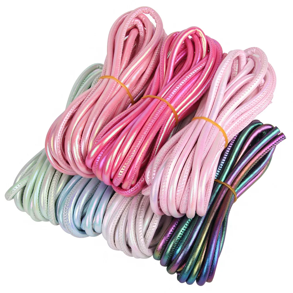 2M 5mm Irisierendes Rundes Genähtes Lederband, Holographisches Stoffseil für DIY-Handarbeiten, Armbänder, Schmuckherstellung – Detail 2