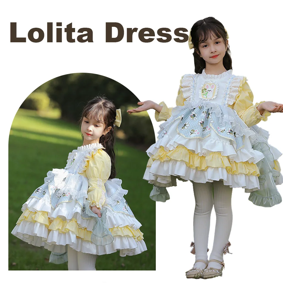 

Детское милое платье принцессы в стиле Лолита, пастельно-желто-синее платье с рисунком из мультфильма, кружевное платье с рюшами, одежда для дня рождения для маленьких девочек