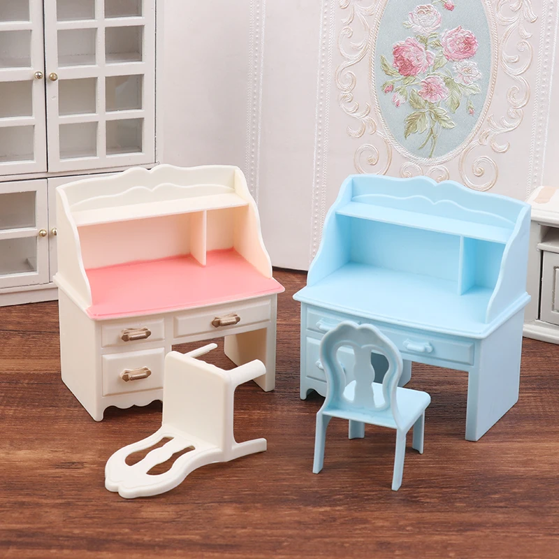 1/12 Dollhouse Miniature Study Desk Cabinet Furniture Writing Table Chair Set DIY Living Room Toy Dolls Simulation Home Ornament