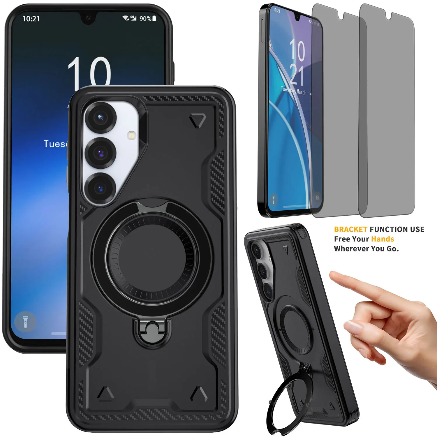 

Противоударный магнитный чехол для телефона с кольцом и подставкой + 2 шт., защитные пленки из закаленного стекла для конфиденциальности для Samsung Galaxy A15