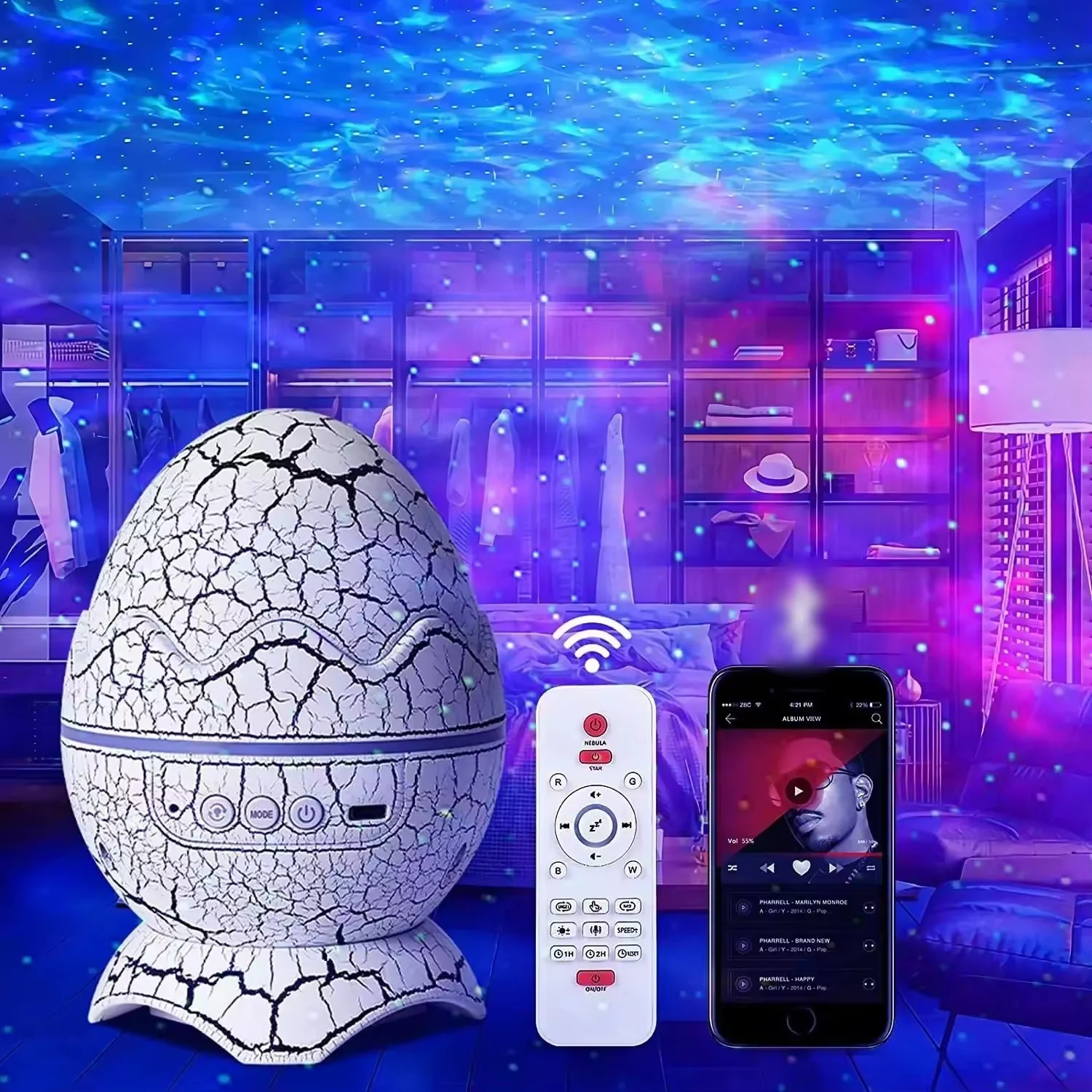

Dinosaur Egg Night Light with Voice Control Rhythm Projection Bluetooth USB Powered for Kids Room Party Bedroom Decor Gift