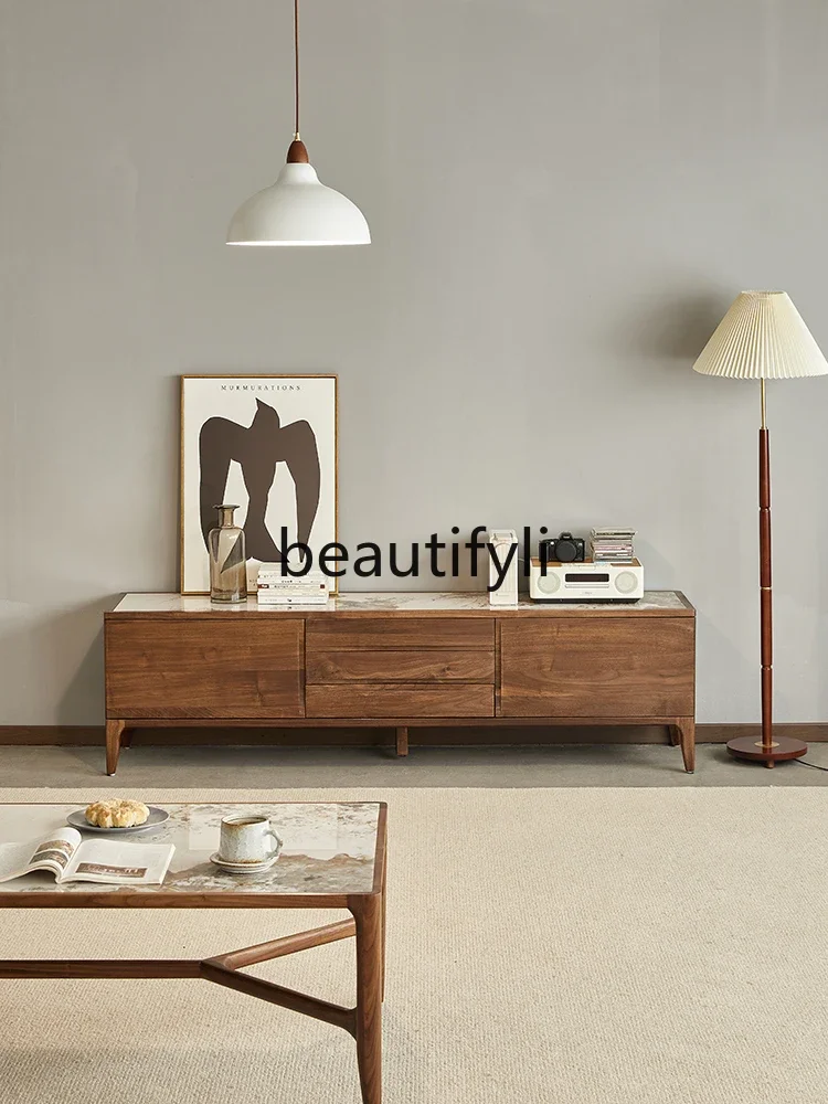 

North American black walnut rock panel TV cabinet Italian minimalist storage floor cabinet living room home5556