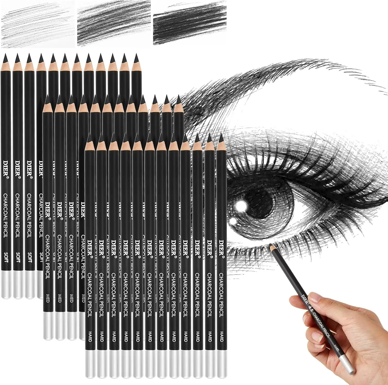 

36 Pcs Professional Charcoal Pencils Soft, Medium, Hard for Drawing Sketching Shading Blending